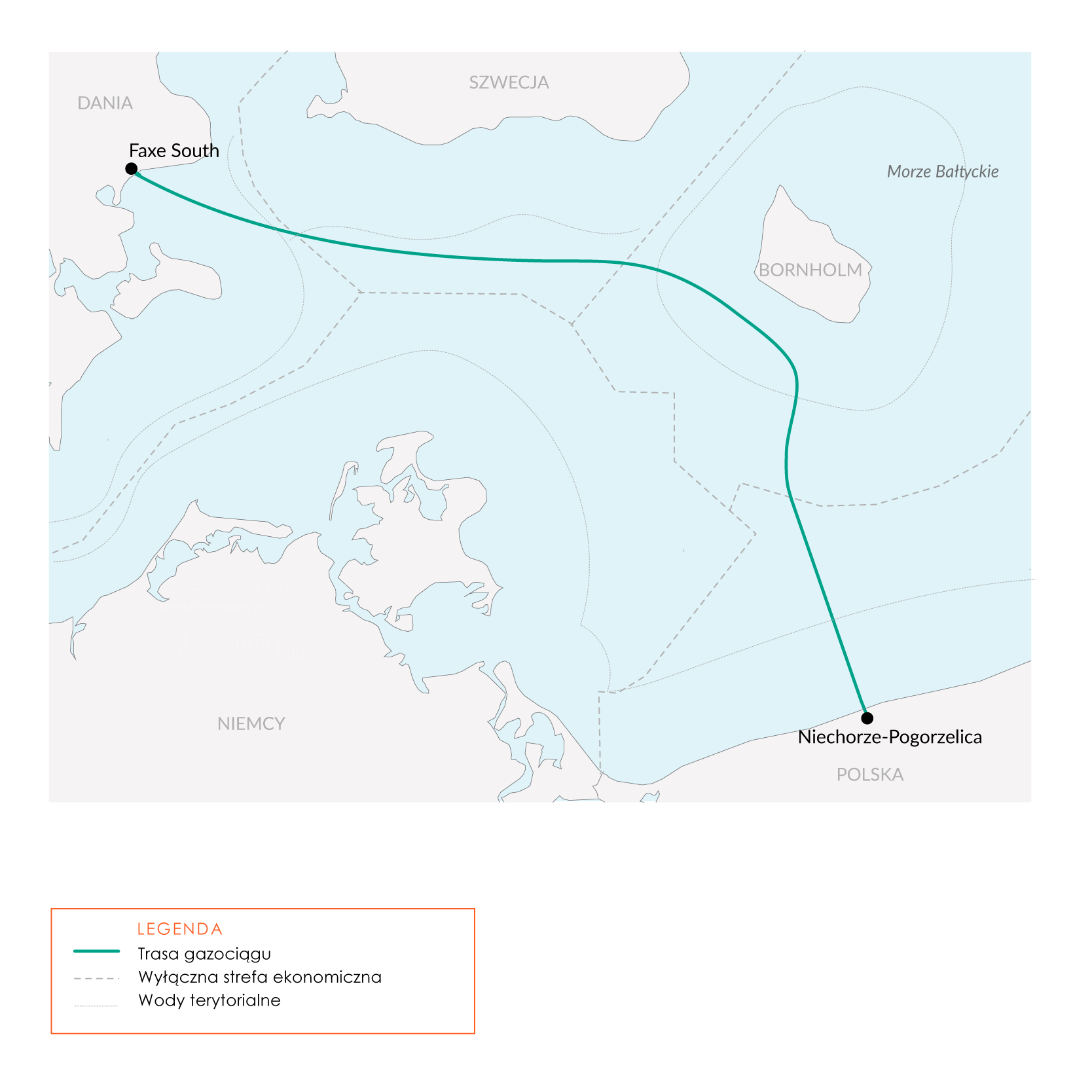 Mapa gazociągu Baltic Pipe na dnie Morza Bałtyckiego 