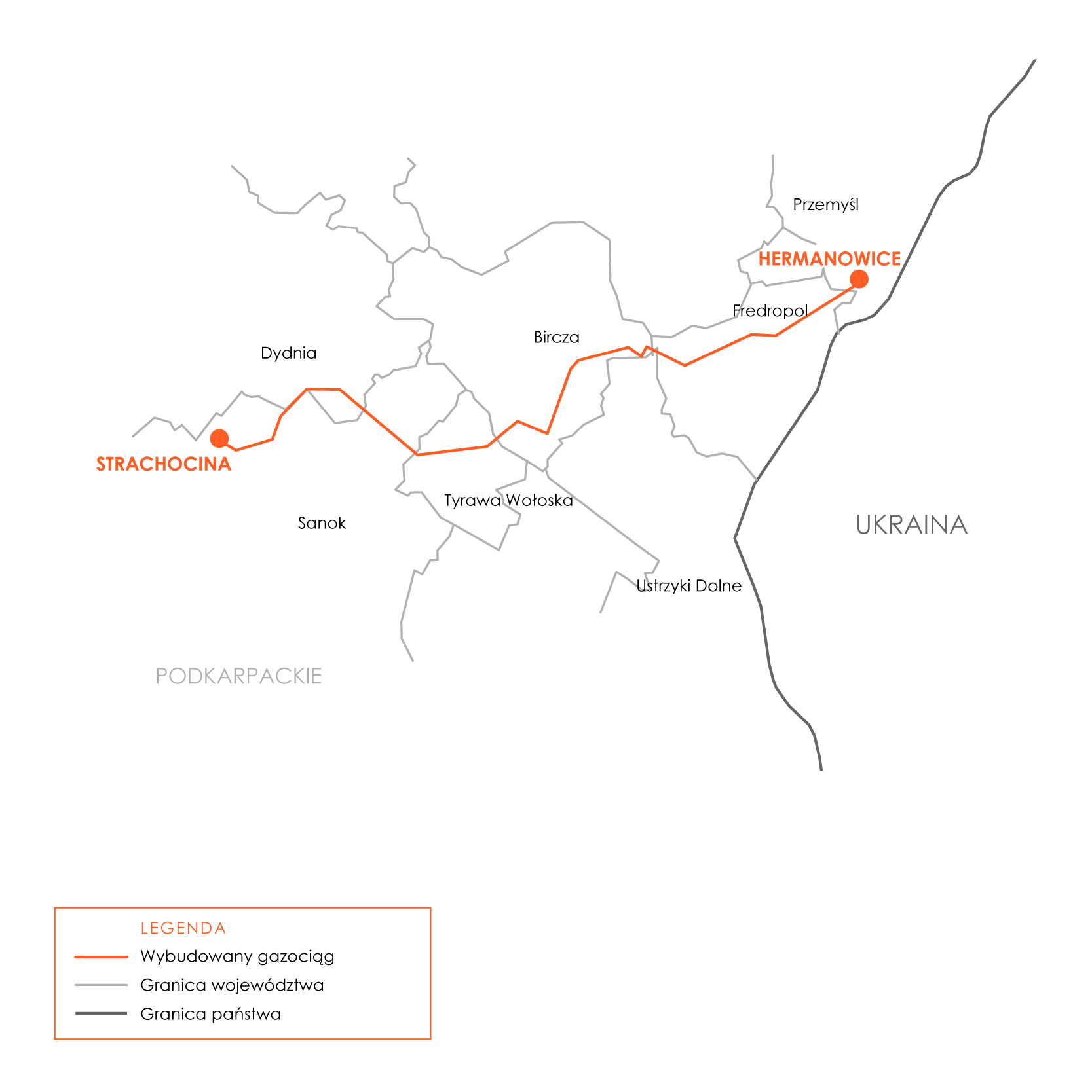 Mapka z przebiegiem gazociągu Hermanowice-Strachocina