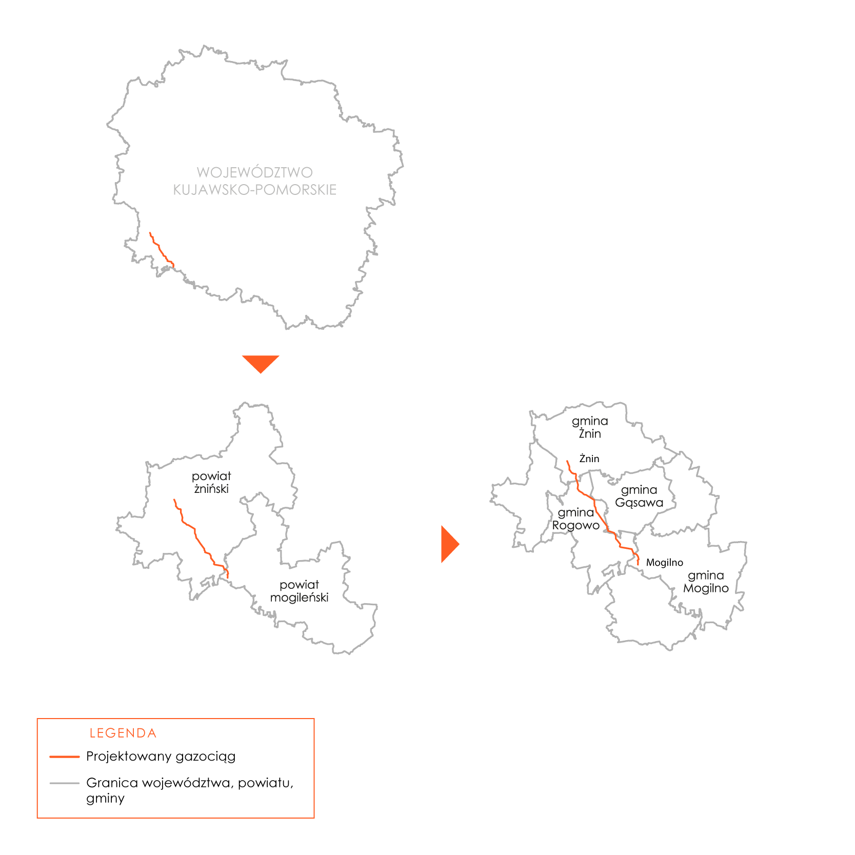 Mapka przedstawiająca przebieg gazociągu Damasławek-Mogilno