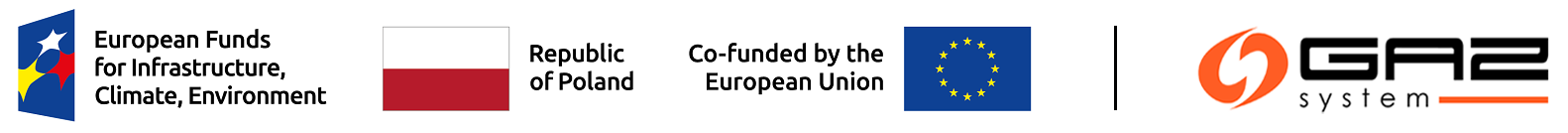 A horizontal banner showing four logos arranged side by side: "European Funds for Infrastructure, Climate, Environment"; the national flag of Poland with the text "Republic of Poland"; the European Union flag with the text "Co-funded by the European Union"; a vertical separator line, and the GAZ-SYSTEM logo.