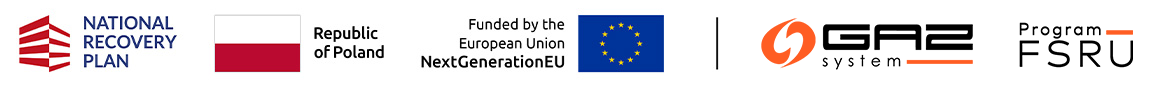 Logo of the National Recovery Plan, flag of the Republic of Poland, NextGenerationEU logo, GAZ-SYSTEM logo, FSRU Programme logo. 