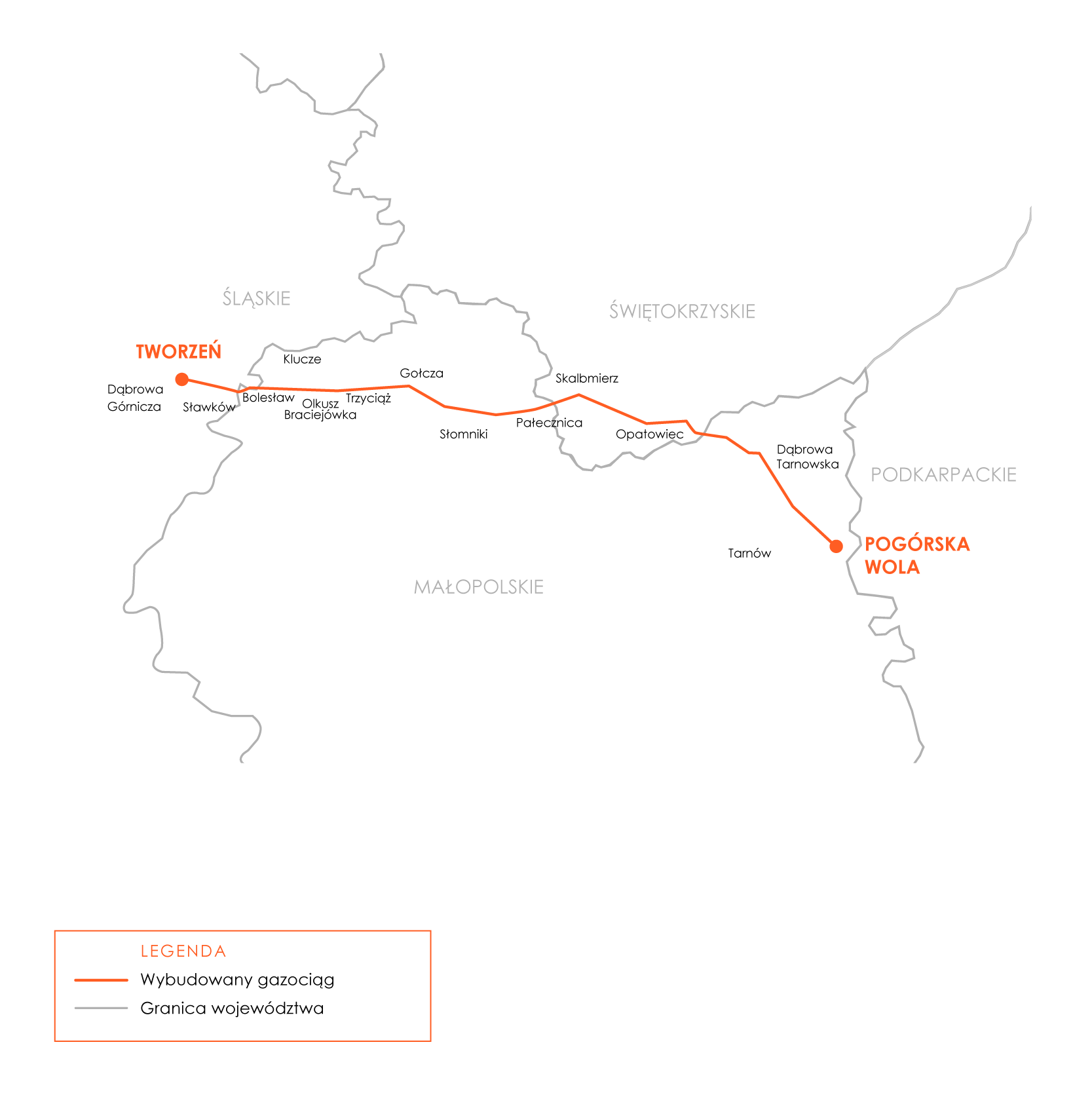 Mapka gazociągu Pogórska Wola-Tworzeń