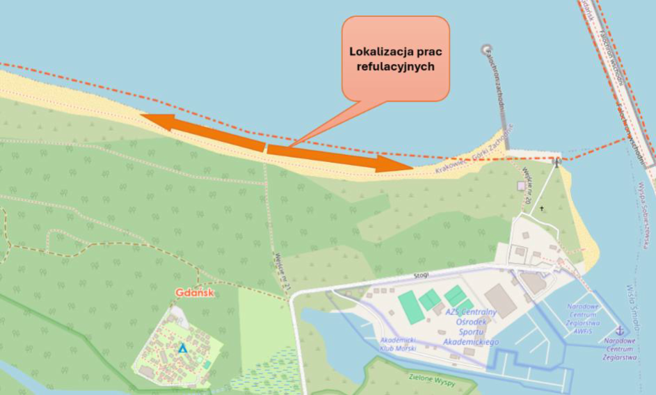 Mapa okolic Górek Zachodnich w Gdańsku przedstawiająca odcinek plaży nad Zatoką Gdańską. Pomarańczowe strzałki wskazują obszar prowadzonych prac refulacyjnych wzdłuż linii brzegowej. Nad wskazanym odcinkiem znajduje się dymek z napisem „Lokalizacja prac refulacyjnych”. Na mapie widoczne są także oznaczenia dróg, terenów leśnych, zabudowy oraz wejścia w rejonie Górek Zachodnich i Narodowego Centrum Żeglarstwa.