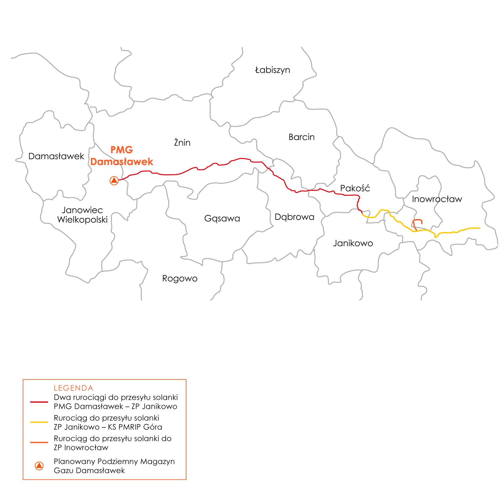 Mapka przedstawiająca przebieg rurociągów PMG Damasławek-Inowrocław